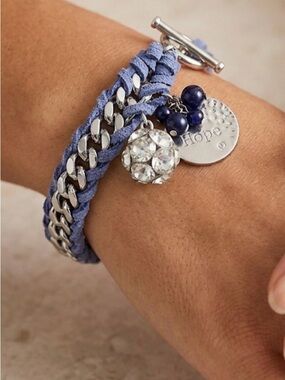 Blue Suede like & Silver Curb Chain Toggle Charm Bracelet "Hope" Rhinestone Ball